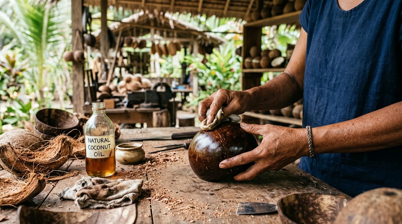 Artisan polishing and oil-finishing a handcrafted coconut shell at Pollachi workshop