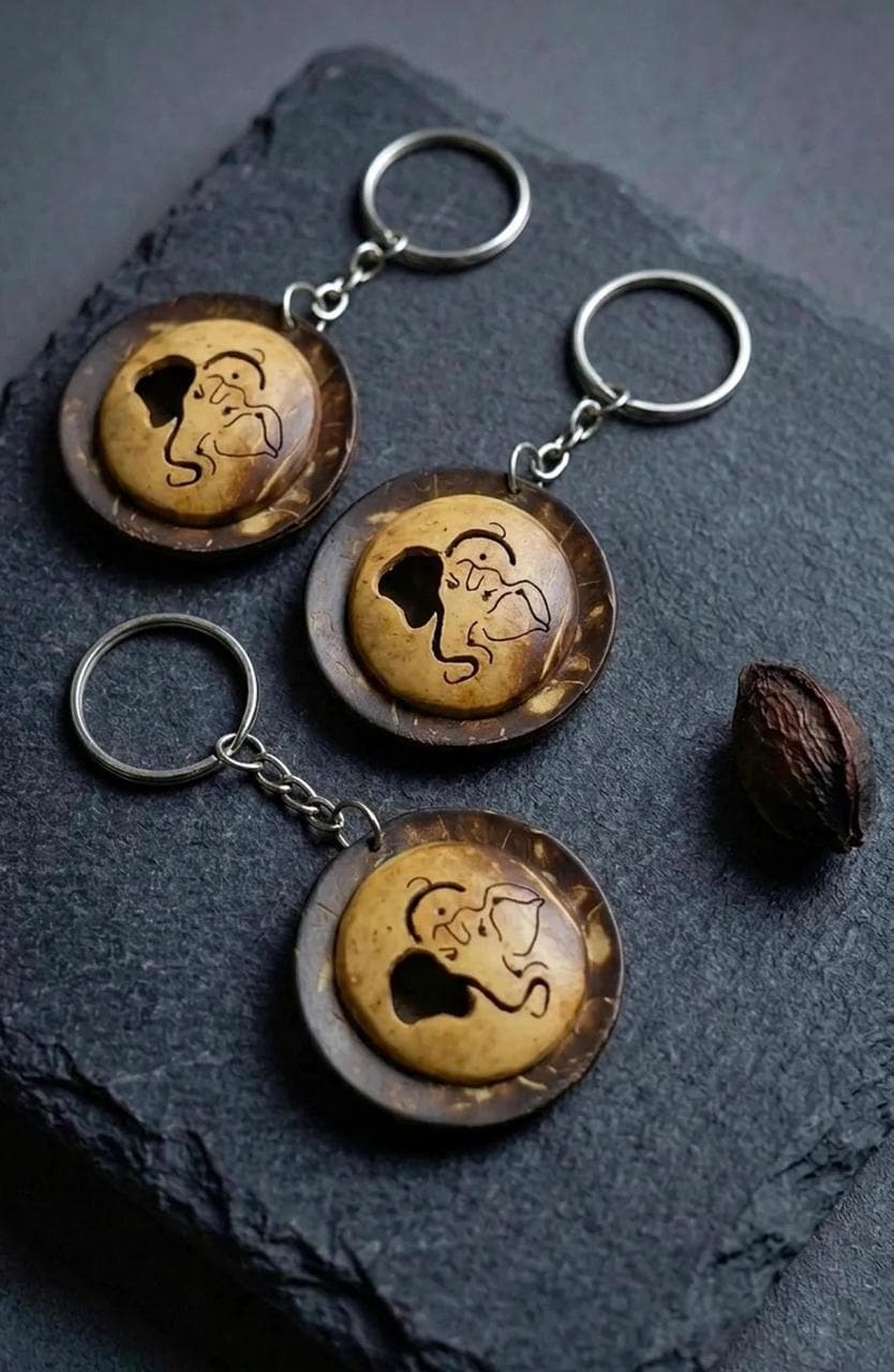 Sacred Lord Ganesha Coconut Shell Medallion Keychain