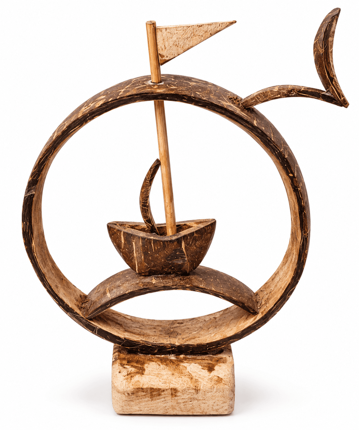 Artisan Coconut Shell Sailboat in Ring Sculpture